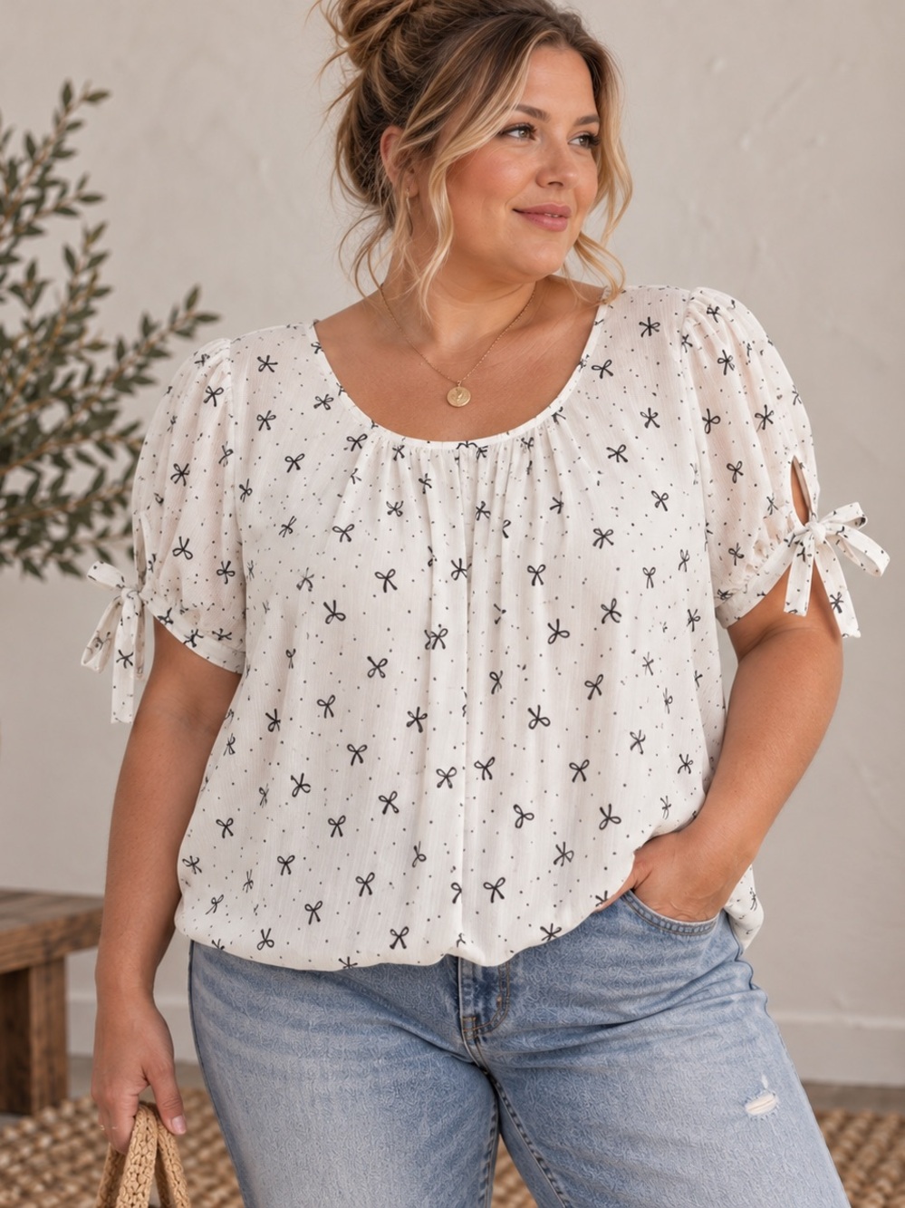 Bow Print Chiffon Blouse Tie Sleeve Top